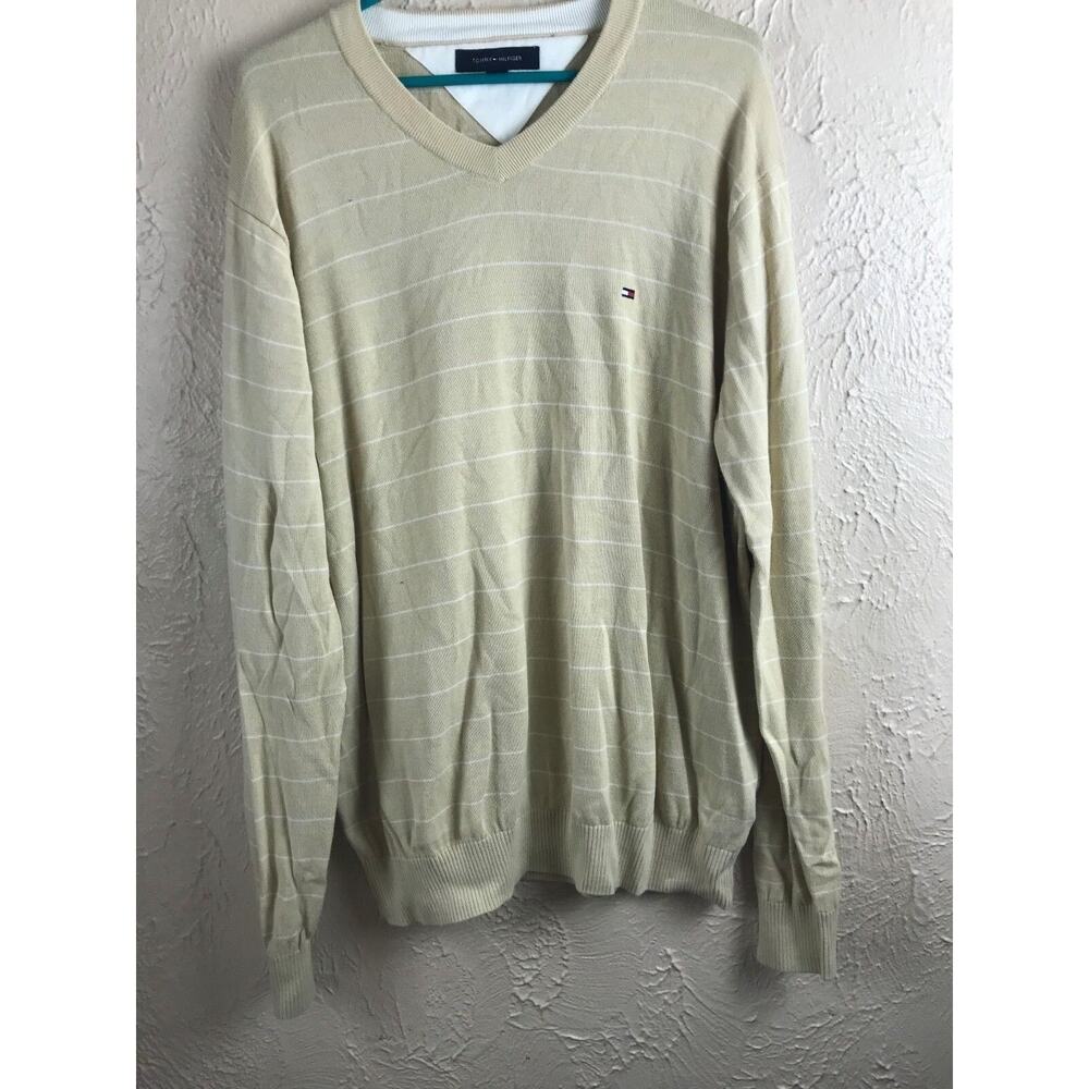 TOMMY HILFIGER long sleeve Tan stripe MENS V-NECK PULLOVER - LARGE